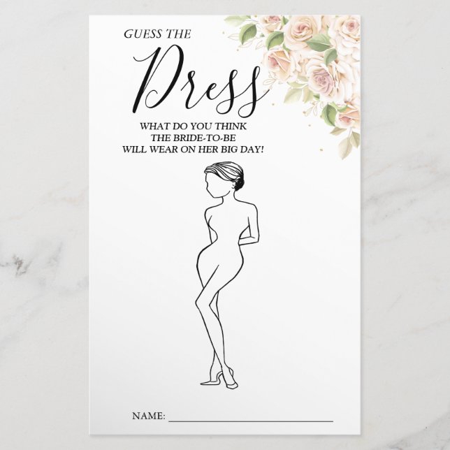 Floral Guess the Dress Bridal shower game card  (Front)