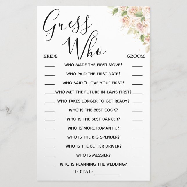 Floral Guess Who Bridal shower game card  (Front)