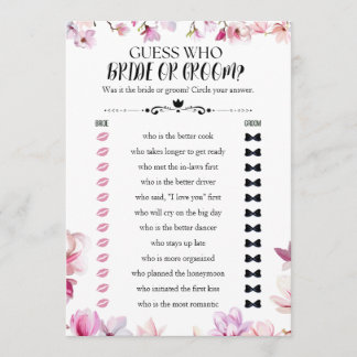 Floral guess who bride or groom bridal shower game invitation