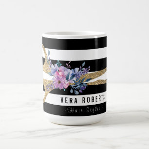 Floral Hair Stylist glitter Scissor Beauty Striped Coffee Mug