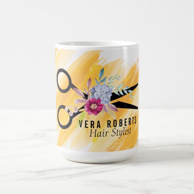 Floral Hair Stylist Gold Scissor & Beauty Salon Coffee Mug (Center)