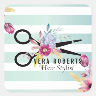 Floral Hair Stylist Gold Scissor & Beauty Salon Square Sticker
