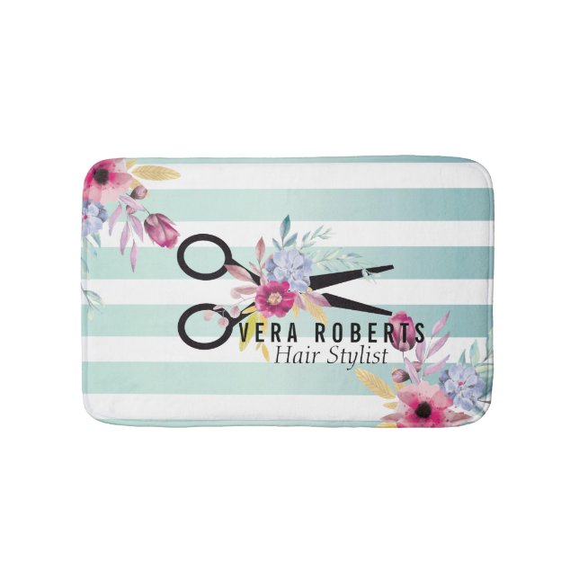 Floral Hair Stylist Gold Scissor & Beauty striped Bath Mat (Front)