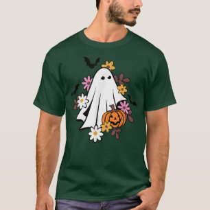 Floral Halloween Ghost Boo Spooky Vibes Funny Hall T-Shirt