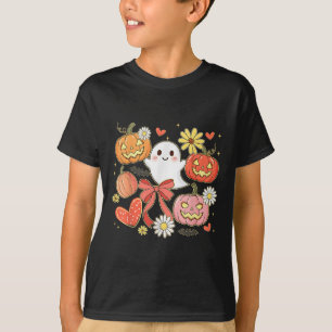 Floral Halloween Ghost Jack-o-lantern Coquette Bow T-Shirt