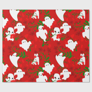 floral halloween ghosts flowers dark red wrapping paper