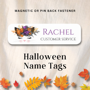 Floral Halloween Witch Kitty Cat Personalised Name Tag