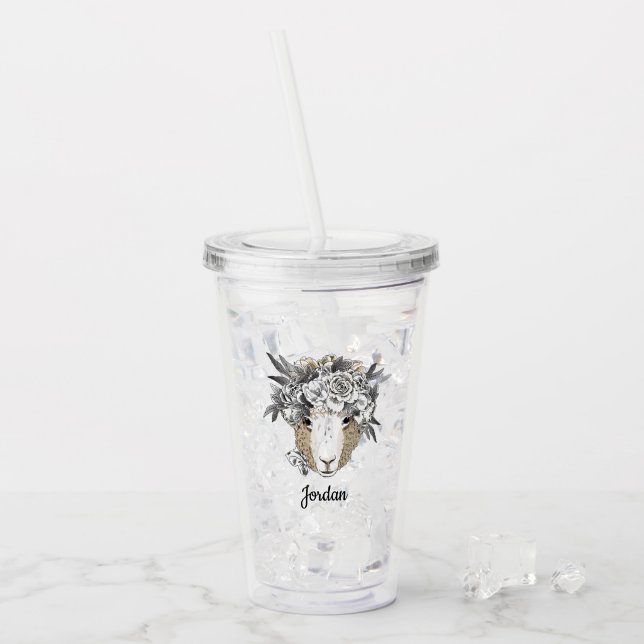Floral Halo Sheep | Add Your Name Acrylic Tumbler (Front Ice)