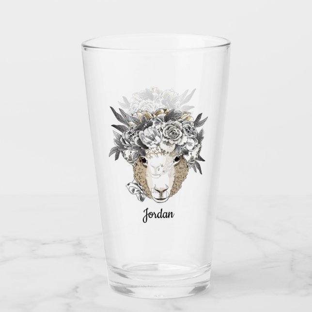 Floral Halo Sheep | Add Your Name Glass (Front)