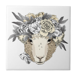 Floral Halo Sheep Ceramic Tile