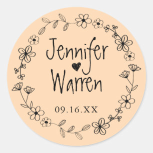 Floral Hand Drawn Wreath Personalised Wedding Classic Round Sticker