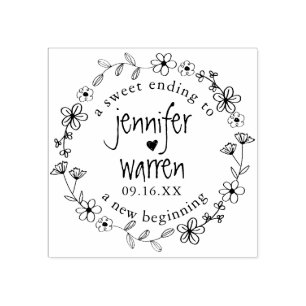 Floral Hand Drawn Wreath Personalised Wedding Rubber Stamp