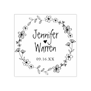 Floral Hand Drawn Wreath Personalized Wedding Rubber Stamp