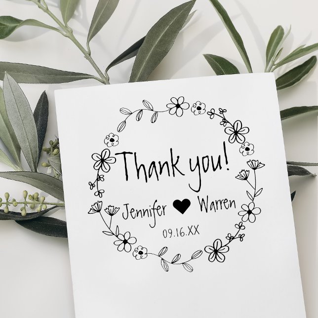 Floral Hand Drawn Wreath Thank You Personalised Rubber Stamp (Floral Hand Drawn Wreath Thank You Personalized Rubber Stamp)