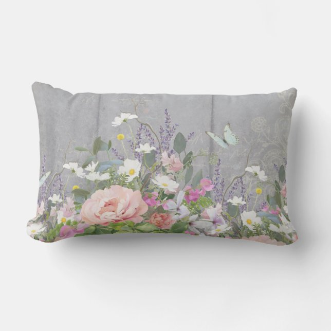 Floral Hand Painted Peony Wild Flowers Rustic Wood Lumbar Cushion (Front)