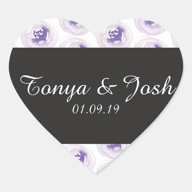 Floral Hand Watercolor Greenery Purple Wedding Heart Sticker (Front)