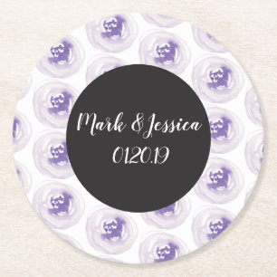 Floral Hand Watercolor Greenery Purple Wedding Round Paper Coaster