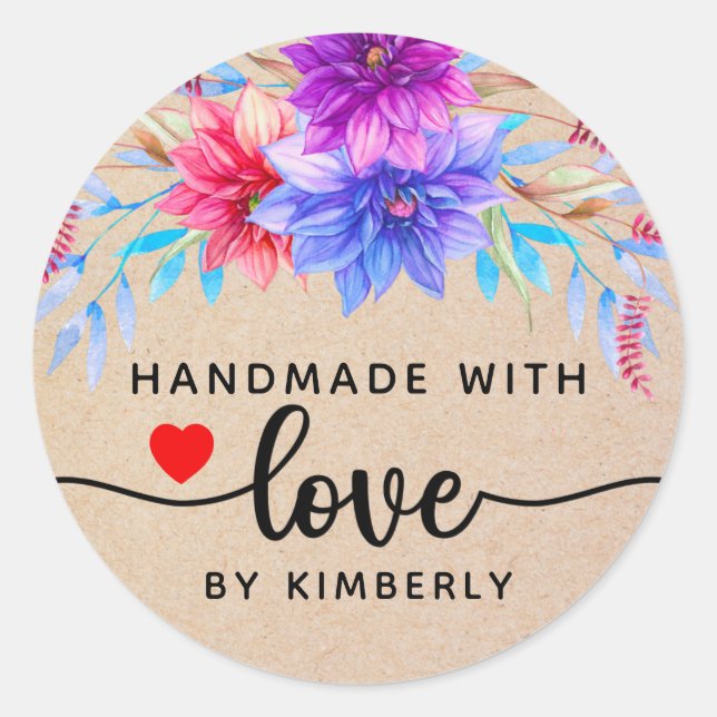 Floral Handmade with Love Classic Round Sticker (Front)