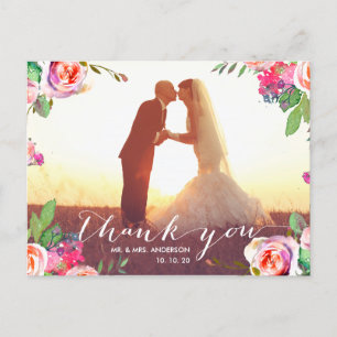 Floral Handwriting 2 Photo Wedding Thank You Postcard