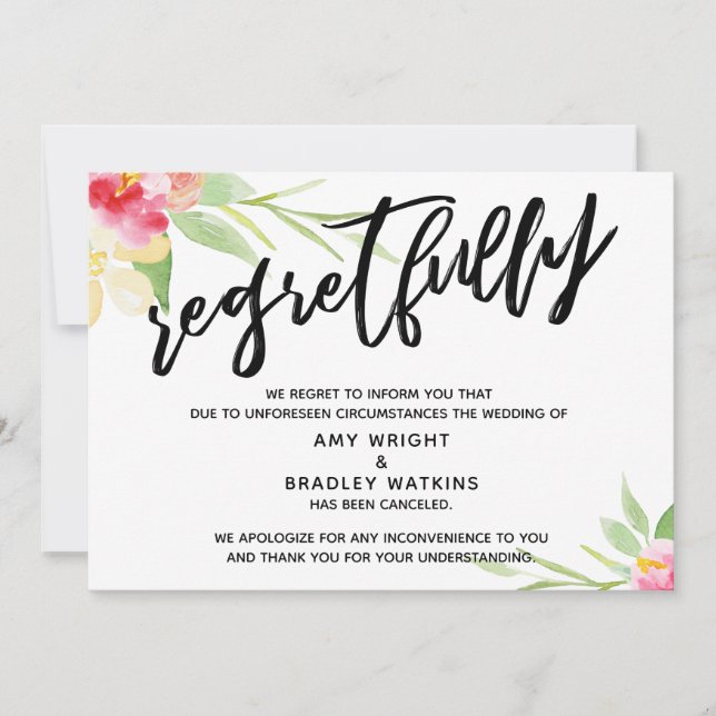 Floral Handwriting Cancelled Wedding Regrets Invitation (Front)