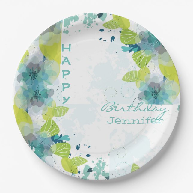 Floral Happy Birthday Custom Name 9" Paper Plates (Front)