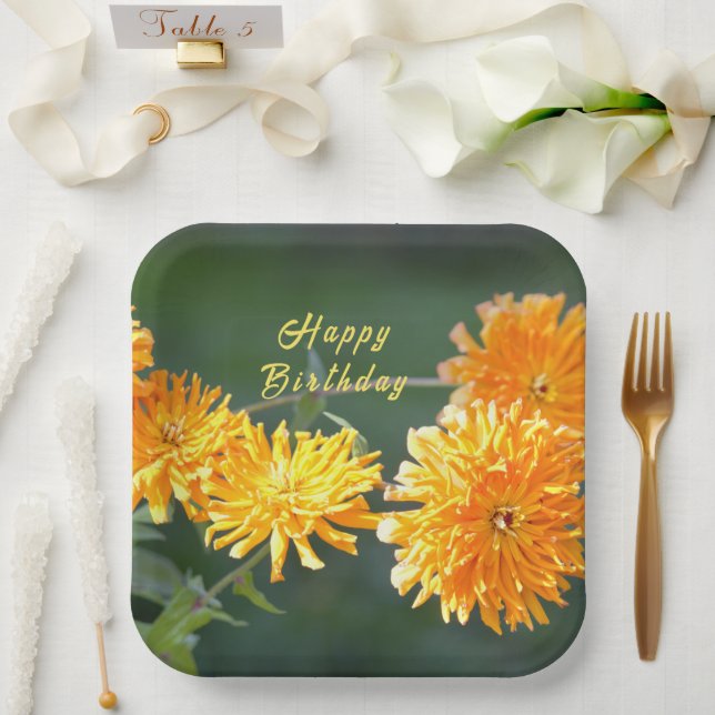 Floral "Happy Birthday" Orange Zennia Paper Plate (Wedding)