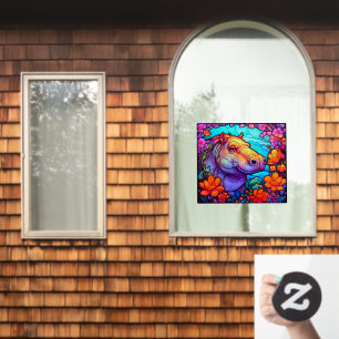 Floral Happy Hippo Colourful Faux Stained Glass
