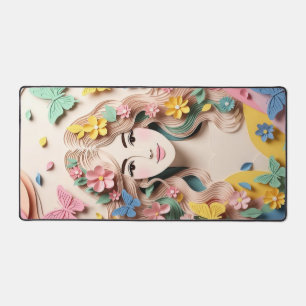 Floral Harmony Elegant Paper-Cut Woman Portrait Desk Mat