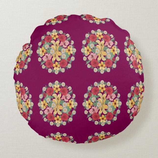 Floral Harmony Mandala Round Cushion (Front)