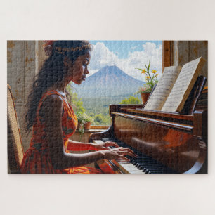 Floral Harmony – Woman at Piano with Nature View Jigsaw Puzzle