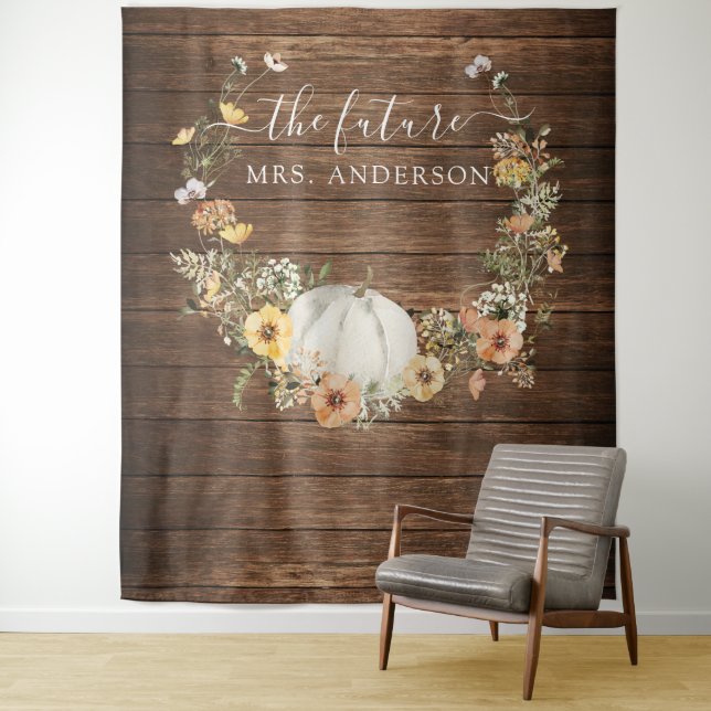 Floral Harvest Pumpkin Bridal Backdrop Photo Booth Tapestry (In Situ)