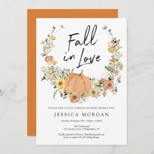 Floral Harvest Pumpkin Fall in Love Bridal Shower  Invitation (Front/Back)