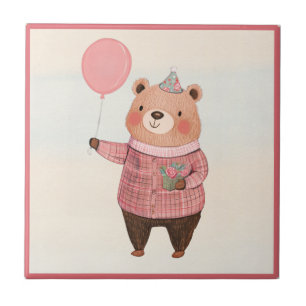 Floral Hat Bear with Pink Plaid Sweater Ceramic Tile