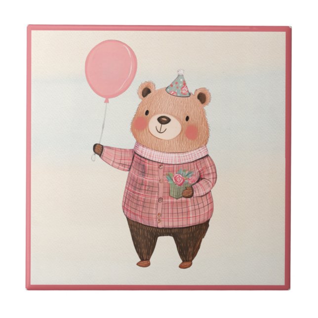 Floral Hat Bear with Pink Plaid Sweater Ceramic Tile (Front)