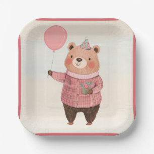 Floral Hat Bear with Pink Plaid Sweater Paper Plate