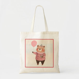 Floral Hat Bear with Pink Plaid Sweater Tote Bag