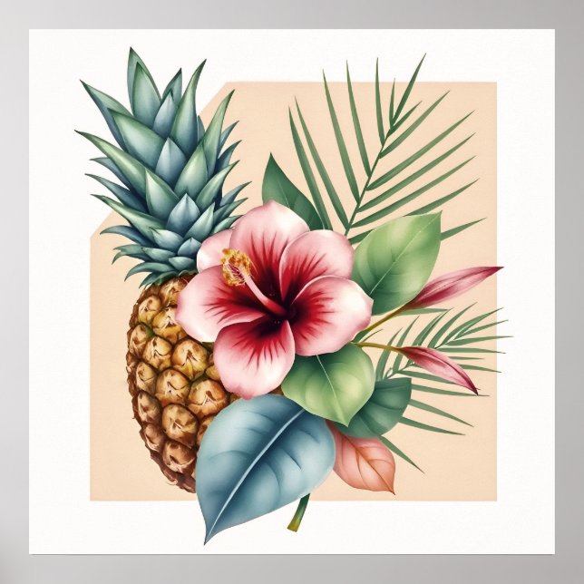 Floral Hawaii Pineapple & Hibiscus Summer Name Poster (Front)