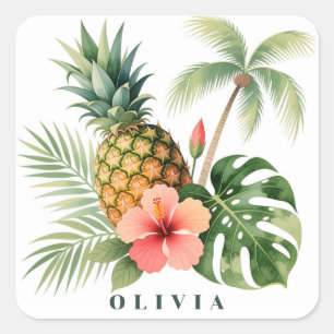 Floral Hawaii Pineapple & Hibiscus Summer Name Square Sticker