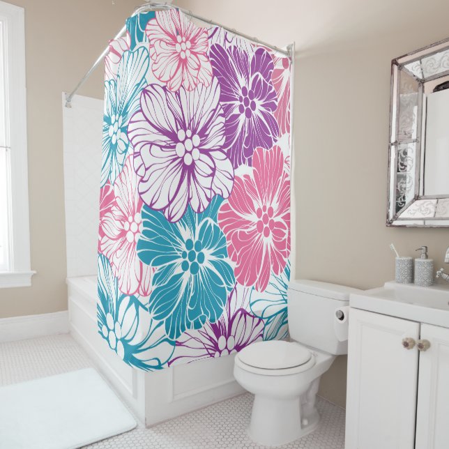 Floral Hawaiian Hibiscus Flowers Pink Teal Purple Shower Curtain (In Situ)