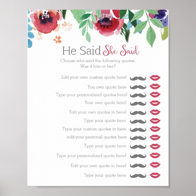 Floral He said she said bridal shower game Poster (Front)