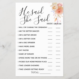 Floral He said She Said shower game card