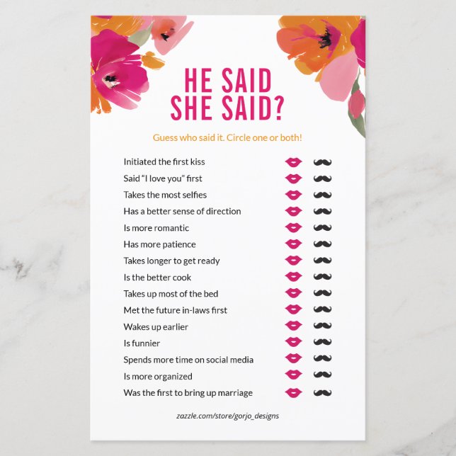  Floral He Said She Said Wedding Shower Game Card (Front)