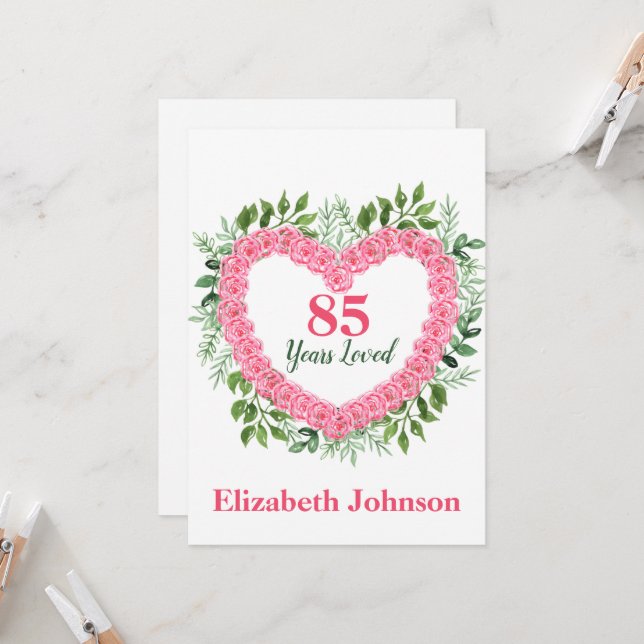 Floral Heart 85th Birthday Card for Women (Front/Back In Situ)