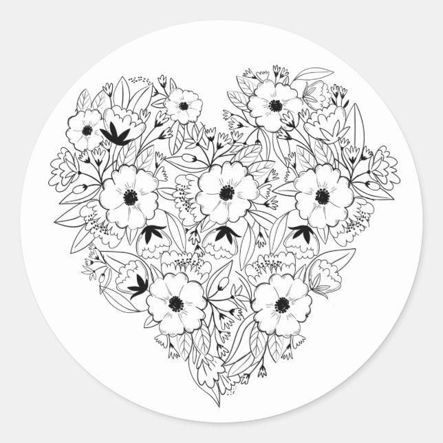 Floral Heart Anemones Black White Flowers Wedding Classic Round Sticker (Front)