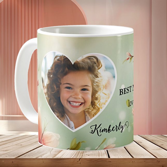 Floral Heart Best Mum Ever Photo Mug (Best Mom ever mug featuring your custom photo in a heart shaped frame on an elegant floral design)