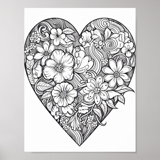 Floral Heart Colouring Poster (Front)