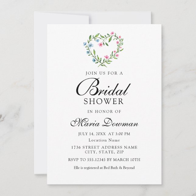 Floral Heart Flower Wreath. Modern Bridal Shower Invitation (Front)