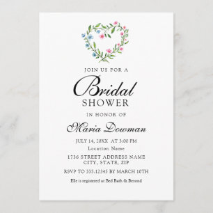 Floral Heart Flower Wreath. Modern Bridal Shower Invitation