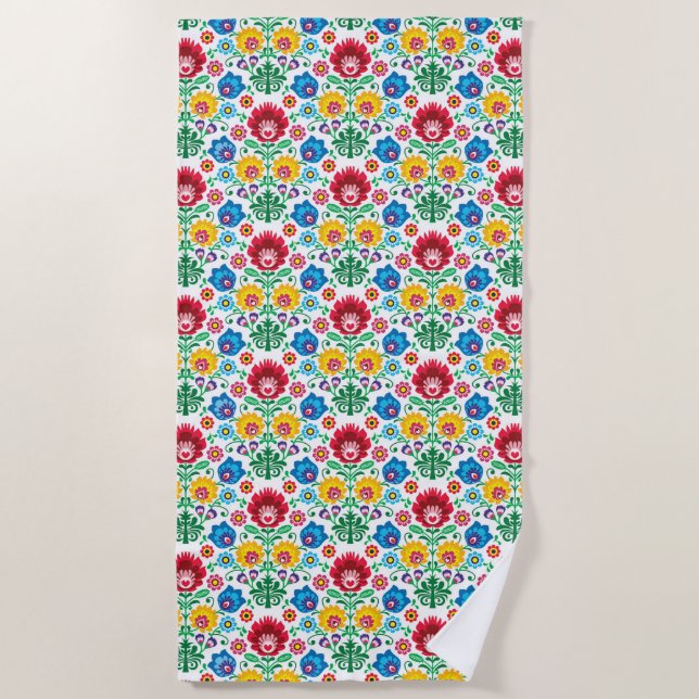 Floral Heart Folk Art Pattern Beach Towel (Front)