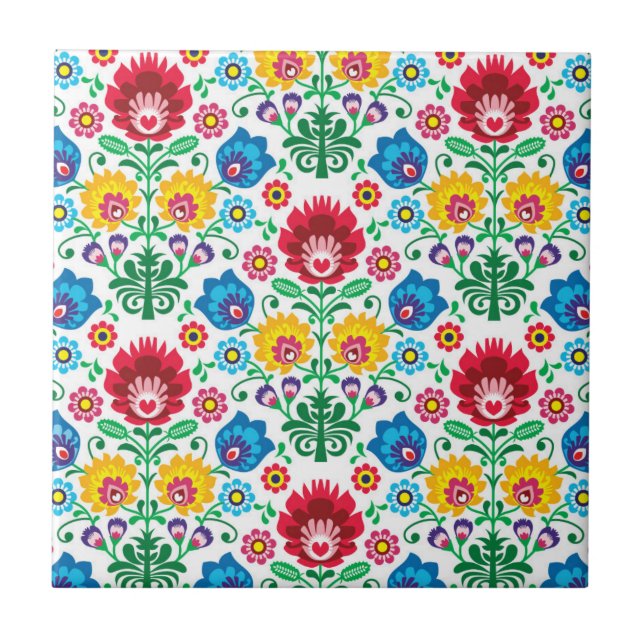 Floral Heart Folk Art Pattern Ceramic Tile (Front)